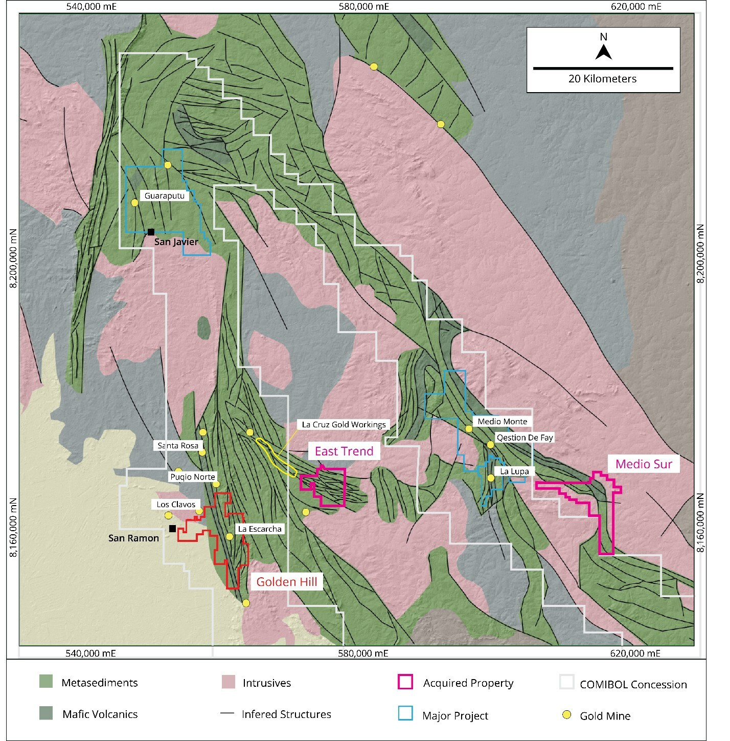 Figure 1: Geological map of the San Ramon Greenstone Belt highlighting the East Trend and Medio Sur Property locations in relation to Golden Hill (CNW Group/Mantaro Precious Metals Corp.) Figure 1: Geological map of the San Ramon Greenstone Belt highlighting the East Trend and Medio Sur Property locations in relation to Golden Hill (CNW Group/Mantaro Precious Metals Corp.)