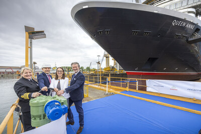 Captain Inger Klein Thorhauge, Marco Lunardi, shipyard Director, Roberta Mundula and Sture Myrmell, Carnival UK President in front of Cunard’s newest ship, Queen Anne, at the Fincantieri Marghera shipyard in Venice, Italy. (PRNewsfoto/Cunard)