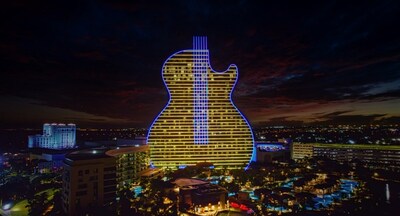 The Guitar Hotel at Seminole Hard Rock Hotel & Casino Hollywood lights up on February 24 in blue and yellow – the colors of the Ukrainian flag – to mark one year since the start of the war in Ukraine. (Courtesy Seminole Hard Rock Hotel & Casino Hollywood)