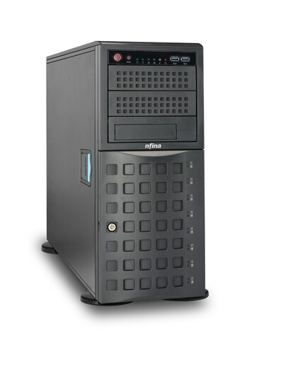 Nfina's 4308T Tower server features two 3rd Generation Intel Xeon Scalable processors, eight hot-swap drives, two internal M.2 NVMe drives, 4TB memory capacity, and redundant power supplies.