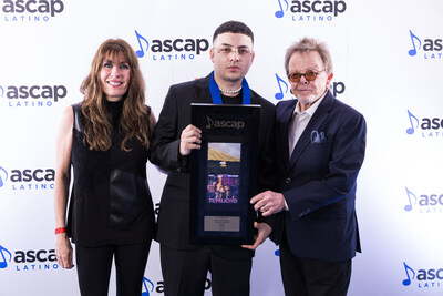 Keityn, ASCAP 2023 Latin Songwriter of the Year (center) with Gabriela Gonzalez, ASCAP SVP International Affairs and Latin Membership (left) and Paul Williams, ASCAP Chairman of the Board and President (right)