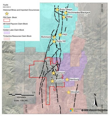 Figure 1: Eureka Mountain Belt Historical mines and important occurrences. (CNW Group/North Peak Resources Ltd.)