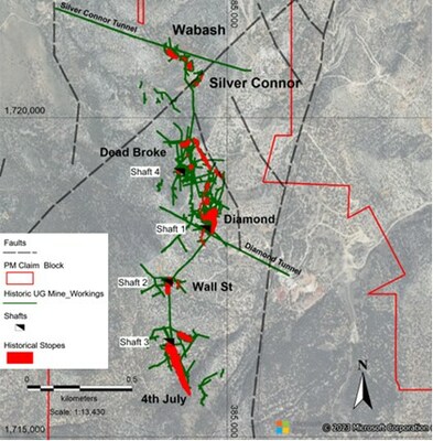 Figure 2: Prospect Mountain Mine complex underground workings (green) and stopes (red) projected to surface with names of main mine areas (NPR,2023) (CNW Group/North Peak Resources Ltd.)