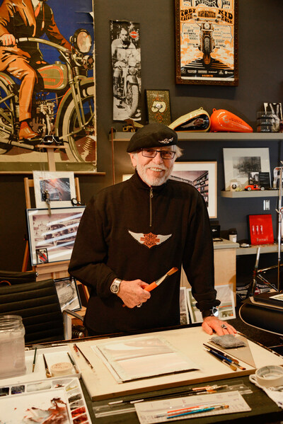 Motorcycle designer Willie G. Davidson, seen here in his studio at Harley-Davidson, has a passion for painting,