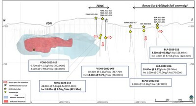 Figure 2: FDN-Bonza Sur long section (looking East) showing targets and main results (CNW Group/Lundin Gold Inc.)