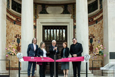 Saint Joseph's University leadership and The Maguire Foundation cutting a celebratory ribbon for the opening of the Frances M. Maguire Art Museum. Left to right: James Norris ’85, chair of the Saint Joseph's Board of Trustees, Cheryl A. McConnell, PhD, president of Saint Joseph's University, James J. Maguire ’58, H '14, co-founder of The Maguire Foundation, Emily Hage, PhD, director of the Frances M. Maguire Art Museum, Rev. Daniel R. J. Joyce, S.J. '88, vice president of mission and ministry.