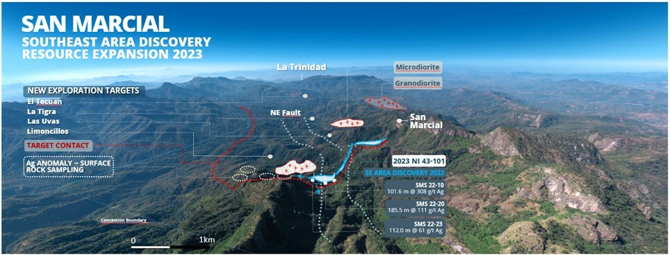 Figure 1: View southwest of the San Marcial Area showing the SE Area discovery, the target contact extending to the southeast, and the surface silver anomalies identified along the contact. (CNW Group/GR Silver Mining Ltd.) Figure 1: View southwest of the San Marcial Area showing the SE Area discovery, the target contact extending to the southeast, and the surface silver anomalies identified along the contact. (CNW Group/GR Silver Mining Ltd.)
