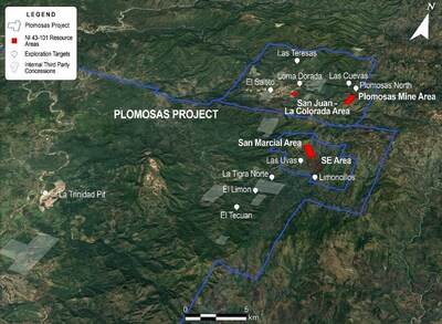 Figure 2: Northward view of the Plomosas Project showing exploration targets in the San Marcial Area with the potential to add to SE Area discovery resources. (CNW Group/GR Silver Mining Ltd.)