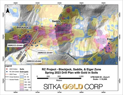 Figure 1: Plan Map of Drill Hole Locations and Surface Geochemistry across the Blackjack, Saddle and Eiger Zones (CNW Group/Sitka Gold Corp.)