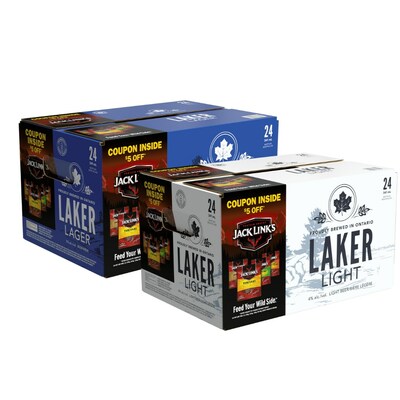Laker Beer is excited to be partnering with Jack Link’s this spring and summer by featuring a coupon for $5 off a selection of Jack Link’s products in 24x341ml bottle packs of Laker Lager and Laker Light (CNW Group/Waterloo Brewing Ltd.)