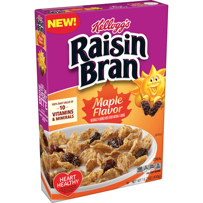 Start your day on a delicious note with the latest flavor from Kellogg’s Raisin Bran® —NEW Kellogg's Raisin Bran® Maple Flavor, containing 100% daily value of 10 essential vitamins and minerals plus the sweet taste of buttery maple flavor.