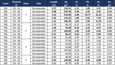 Table 3.1: Assay results of systematic channel sampling, Sacasipuedes vein, on Levels 290, 730, 365, and 390 of the Reliquias mine. (CNW Group/Silver Mountain Resources Inc.)