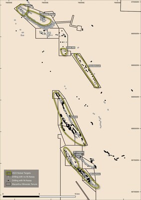 Figure 6: Drill Hole Location Plan showing holes with and without Ni assays (GDA94Z50). (CNW Group/Macarthur Minerals Limited)