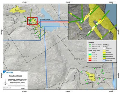 Figure 2: Planview map of the Spark pegmatite showing drillhole traces (CNW Group/Frontier Lithium Inc.)