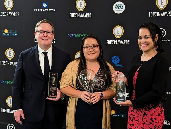 Rheem, a leading global manufacturer of water heating and HVAC products, accepting two awards at the internationally recognized 2023 Edison Awards ceremony, in Ft. Myers, Fla. From left to right: Scott Cohen, Rheem water heating division, director, marketing and training, and from Rheem’s air conditioning division, Nancy Grimm, senior commercial marketing manager, and Rosa Leal, senior manager product management.
