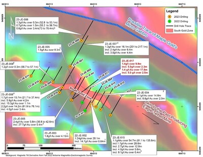 Figure 1: Map of the Joutel Eagle South Gold Zone Showing New Results and Completed Drilling. All drilling intervals are down-hole lengths. True thicknesses cannot be  estimated with available information. Information on adjacent properties is not necessarily indicative of the potential on Orford’s Joutel Eagle Property1,2,3,4 (CNW Group/Orford Mining Corporation)