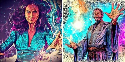 AI-generated artwork via Bing Image Creator, generated by Digital Science. Prompts: “A (female) sci-fi wizard invoking all of (her)his mysterious energy to create the most powerful spell imaginable, drawn in comic-book art style”.