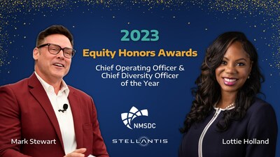 Stellantis North America COO Mark Stewart and Vice President – Diversity, Inclusion & Engagement Lottie Holland were presented with Equity Honors Awards by the National Minority Supplier Development Council (NMSDC). These awards are given to corporate chief officers who have been recognized by their peers as true leaders of economic equity and minority business integration.