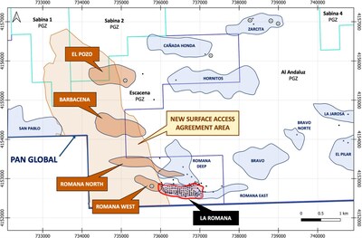 Figure 1 – Escacena Project Map highlighting the area covered by the new surface access agreement and target locations, including the La Romana discovery. (CNW Group/Pan Global Resources Inc.)