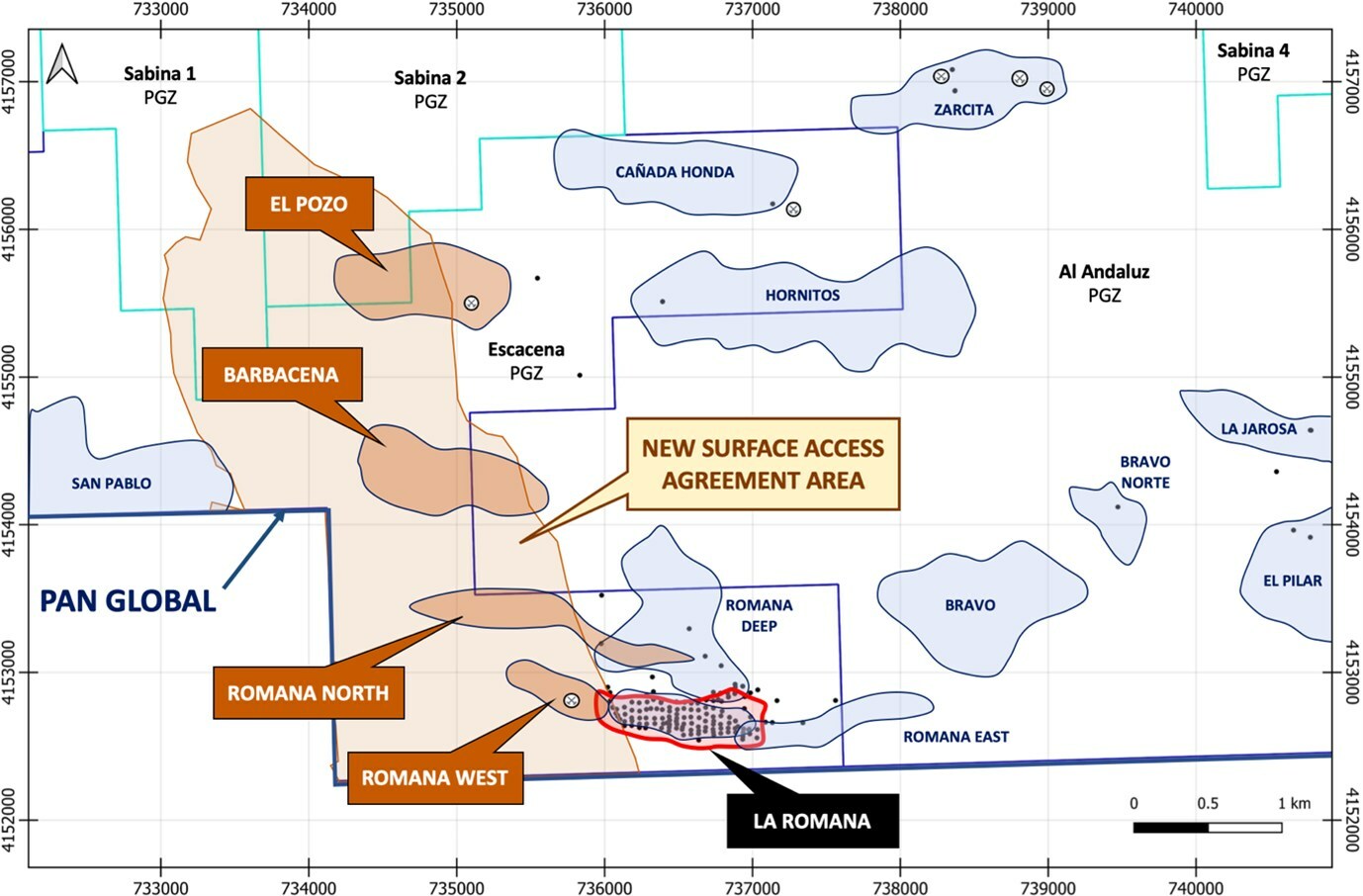 Figure 1 – Escacena Project Map highlighting the area covered by the new surface access agreement and target locations, including the La Romana discovery. (CNW Group/Pan Global Resources Inc.) Figure 1 – Escacena Project Map highlighting the area covered by the new surface access agreement and target locations, including the La Romana discovery. (CNW Group/Pan Global Resources Inc.)