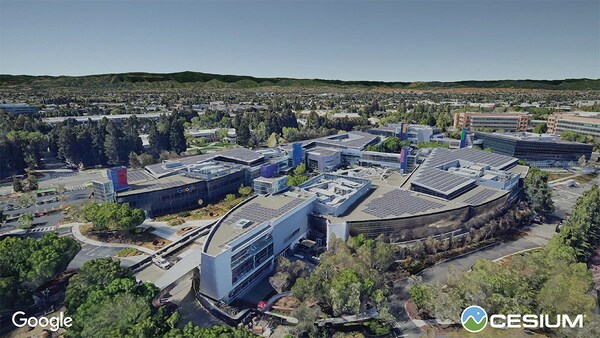 The Googleplex in Mountain View, California, USA, visualized with Photorealistic 3D Tiles using Cesium for Unity.