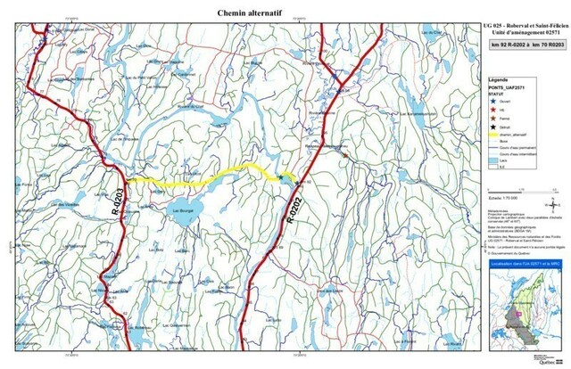 MRC du Domaine-du-Roy - Fermeture temporaire du chemin R-0203 (Nestaocano) au kilomtre 24 (Groupe CNW/Ministre des Ressources naturelles et des Forts)