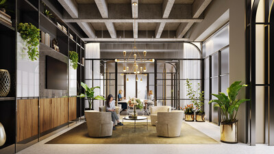 WorkLife Meetings tenant lounge at THE MART. Courtesy of THE MART. Renderings by Evolution Virtual.