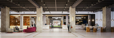 The entrance of WorkLife Wellbeing, a state-of-the-art gym with topline equipment, spin and yoga studios, luxury changerooms, and a juice bar.  Courtesy of THE MART. Renderings by Evolution Virtual.