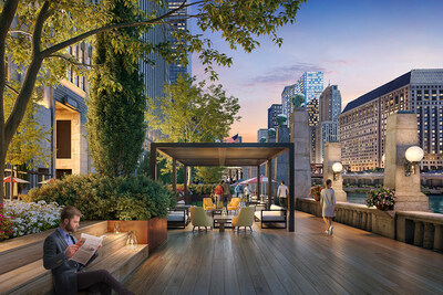THE MART’s River Park, Chicago’s new pedestrian-centric front yard where tenants and the public can eat, meet, and mingle.  Courtesy of THE MART. Renderings by Evolution Virtual.