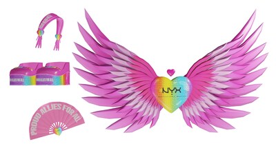 NYX Professional Makeup will be launching exclusive virtual merchandise (also known as UGC) inspired by the Proud Allies For All program, available for active Roblox users at the House of NYX Professional Makeup in iHeartLand on Roblox. (L to R: Proud Allies For All Headband, Proud Allies For All Heels, Proud Allies For All Fan, Proud Allies For All Wings).