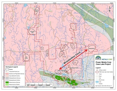 Figure 1. Case Lake property with Spodumene bearing LCT pegmatites on a 10 km mineralization trend. (CNW Group/POWER METALS CORP)
