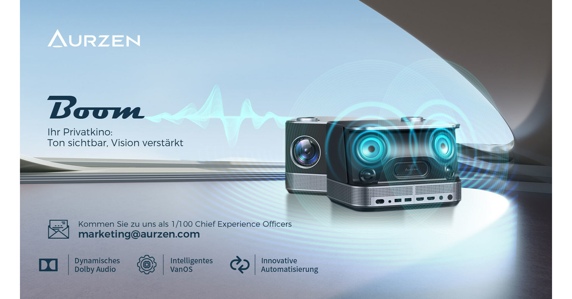 Die weltweit f&uuml;hrende Projektormarke AURZEN stellt auf dem Channel Summit EMEA 2023 ihren ersten intelligenten Projektor AURZEN BOOM mit Dolby Audio vor