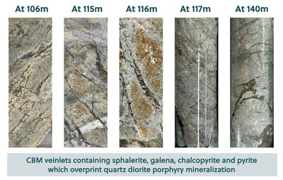 Figure 3: Core Photo Highlights of APC-53 Highlighting the Upper Zone of Sheeted CBM Veins Overprinting Quartz Diorite Porphyry and the Lower Zone of Intermineral Breccia Mineralization with Intense CBM Veining Overprinting Porphyry Mineralization (CNW Group/Collective Mining Ltd.)