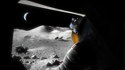 An artist’s concept of a suited Artemis astronaut looking out of a Moon lander hatch across the lunar surface, the Lunar Terrain Vehicle, and other surface elements. Credits: NASA