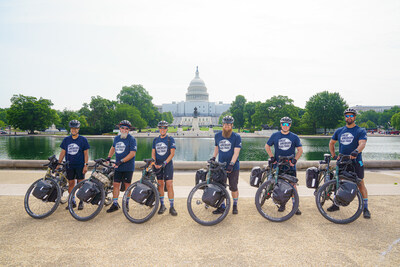 Veterans pose in front of the U.S. Capitol as they prepare to travel 3,700 miles across the country by bike on the Great American Rail-Trail with the veteran outdoor therapy program, Warrior Expeditions. From left to right: Brittany Greene of Washington; Charles Sonnenberg of Texas; Stephanie Buffett of Virginia; Aaron Ledbetter of Oregon; Timothy Davis of Illinois; and Jared Thomas of West Virginia. Photo by Albert Ting, courtesy of Rails-to-Trails Conservancy.