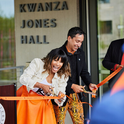 A ceremonial ribbon cutting for the Kwanza Jones Hall featuring Kwanza Jones (Princeton ?93), and Jos E. Feliciano (Princeton '94)
