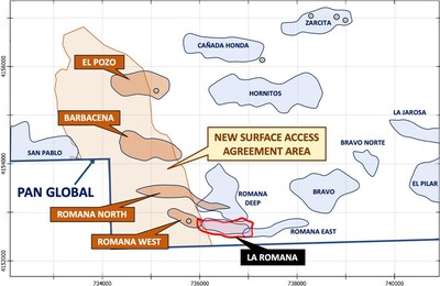 Figure 1 – Map showing La Romana and Romana West target area as well as the Romana North, Barbacena, and El Pozo targets. (CNW Group/Pan Global Resources Inc.)
