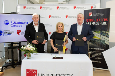 From left to right, Sheldon Levy, President and Vice-Chancellor of University Canada West, Cyndi McLeod, CEO of Global University Systems Canada, Michael Hawes, President and CEO at Fulbright Canada. (CNW Group/University Canada West)
