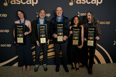 (L TO R) WEST HOLLYWOOD CALIFORNIA - MAY 16: ASCAP Composers Choice Award winners Kim Neundorf, Jeff Cardoni, Michael Abels, Amanda Jones and Bear McCreary at the ASCAP Screen Music Awards party at Cavatina at Sunset Marquis Hotel in West Hollywood on May 16, 2023. (Photo by Lester Cohen/ASCAP)