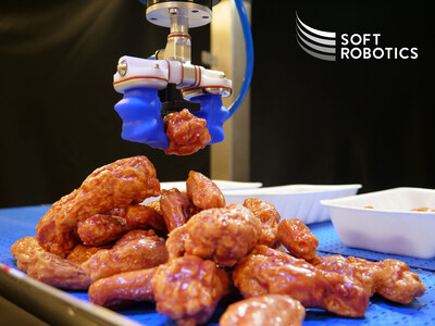AI-enabled mGripAI tray Packing Chicken Drumsticks Directly from Bulk - picking, orienting, and packaging of raw poultry product from bulk at rates of up to 60 units per minute.