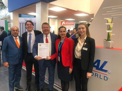 Zheni Chaneva, Project Manager Lithium Batteries Certification, IATA, presenting the CEIV Lithium Batteries Certificate to Chris Alf, Chairman, National Air Cargo Holdings, Inc. at National Airlines exhibition booth during the Air Cargo Europe event in Munich, Germany.