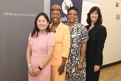 Announcing a $1.3 million investment from JPMorgan Chase to Fresh Start in support of expanded services for women of color are (left to right): Kathy Hu, Managing Director for J.P. Morgan Private Bank, Phoenix therapist Ashlea Taylor-Barber, Adrianne Wright, Chair of Fresh Start's Executive Board, and Fresh Start President and CEO Kim McWaters.