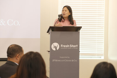 Kathy Hu, Managing Director for J.P. Morgan Private Bank, announces a $1.3 million commitment to Fresh Start to fund expanded resources for women of color and increase the number of women supported on their journeys to self-sufficiency and economic independence.