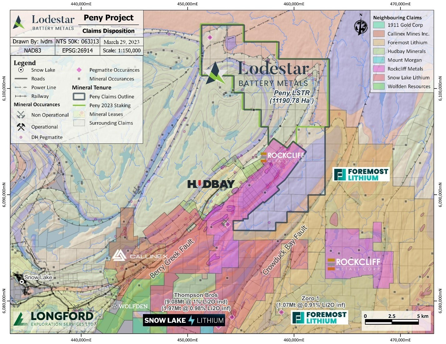 Figure 1: Location of the Peny property and surrounding claims holders within the Greater Snow Lake district.