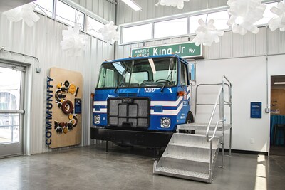 Visitors can climb into the cab of a Republic Services recycling truck and see first-hand how many controls it takes to operate one of these trucks.