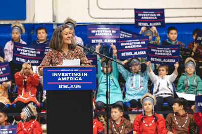 Bethel Native Corporation’s Ana Hoffman describes the AIRRAQ Network to a crowd of almost 1,000 gathered to see First Lady Jill Biden.