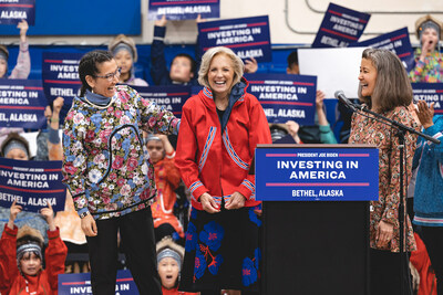 First Lady Jill Biden wears the handcrafted qaspuq presented to her by Representative Mary Peltola and Bethel Native Corporation President and CEO Ana Hoffman at the May 17 event in Bethel.
