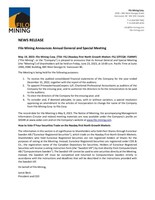 Filo Mining Announces Annual General and Special Meeting (CNW Group/Filo Mining Corp.)