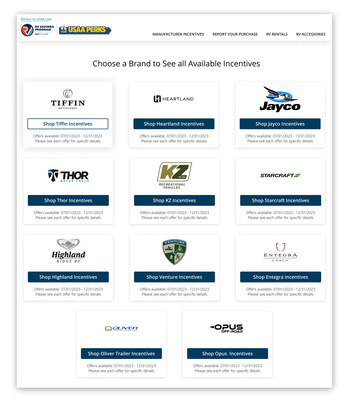 Webpage demonstrating participating brands and their special offers through USAA and Rollick's RV Savings Program.