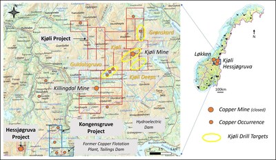 Figure 1. Locations of the high-grade Cu-Zn-Co Hessjøgruva, Kongensgruve, and Kjøli Projects, Trøndelag Province, central Norway. (CNW Group/Capella Minerals Limited)